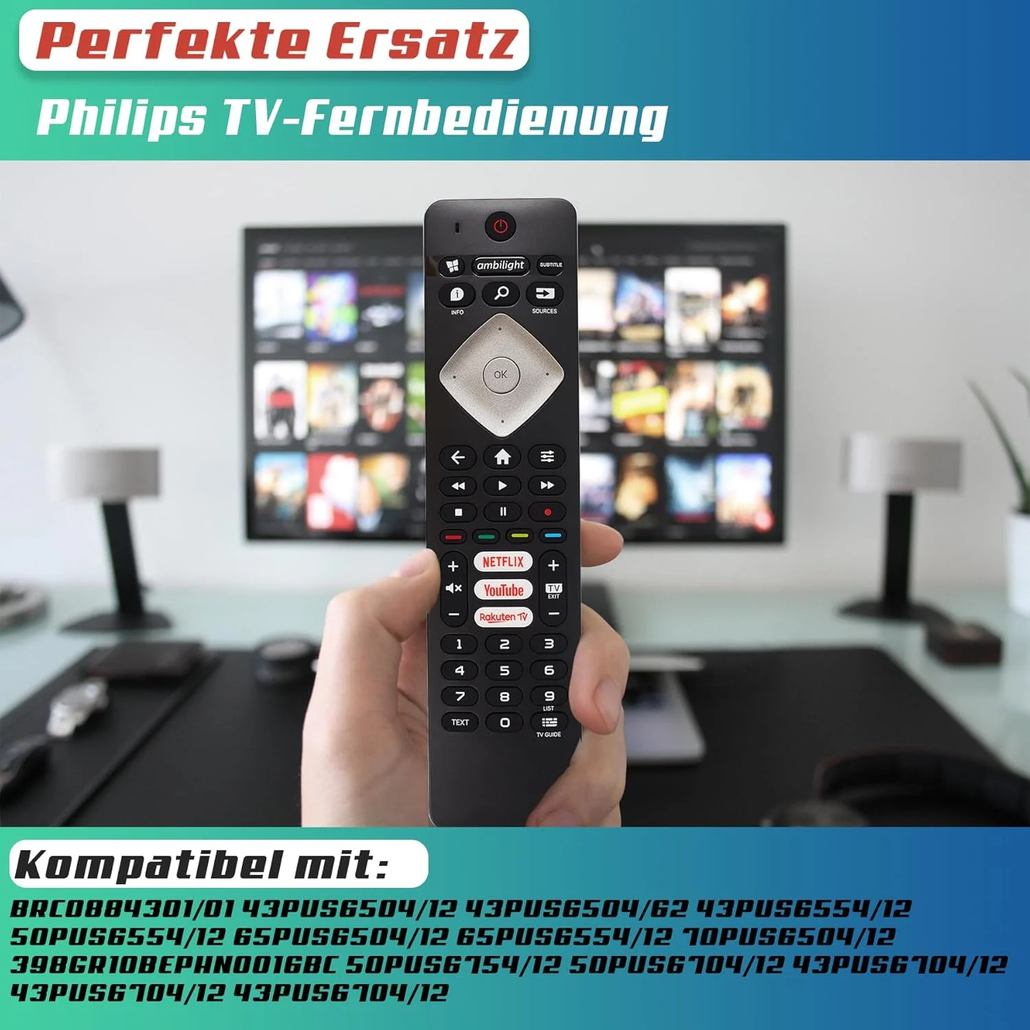 ریموت کنترل تلویزیون فیلیپس جایگزین یونیورسال برای تلویزیون های ال سی دی ال ای دی هوشمند، بدون نیاز به تنظیمات، دکمه های نتفلیکس، یوتیوب و راکوتن تی وی