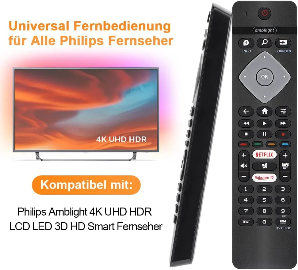 ریموت کنترل Gvirtue برای تلویزیون هوشمند Philips Ambilight 4K LED مدل‌های 75PUS6754/12، 65PUS6704/12، 55PUS6754/12، 50PUS6754/12، 43PUS6754/12 - بدون نیاز به تنظیمات: (دارای دکمه‌های Netflix و Rakuten TV)