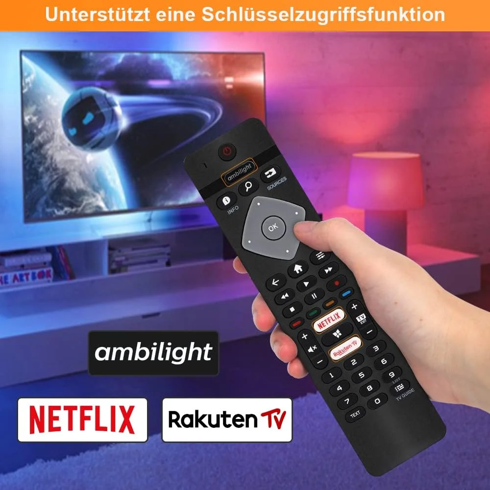 ریموت کنترل Gvirtue برای تلویزیون هوشمند Philips Ambilight 4K LED مدل‌های 75PUS6754/12، 65PUS6704/12، 55PUS6754/12، 50PUS6754/12، 43PUS6754/12 - بدون نیاز به تنظیمات: (دارای دکمه‌های Netflix و Rakuten TV)