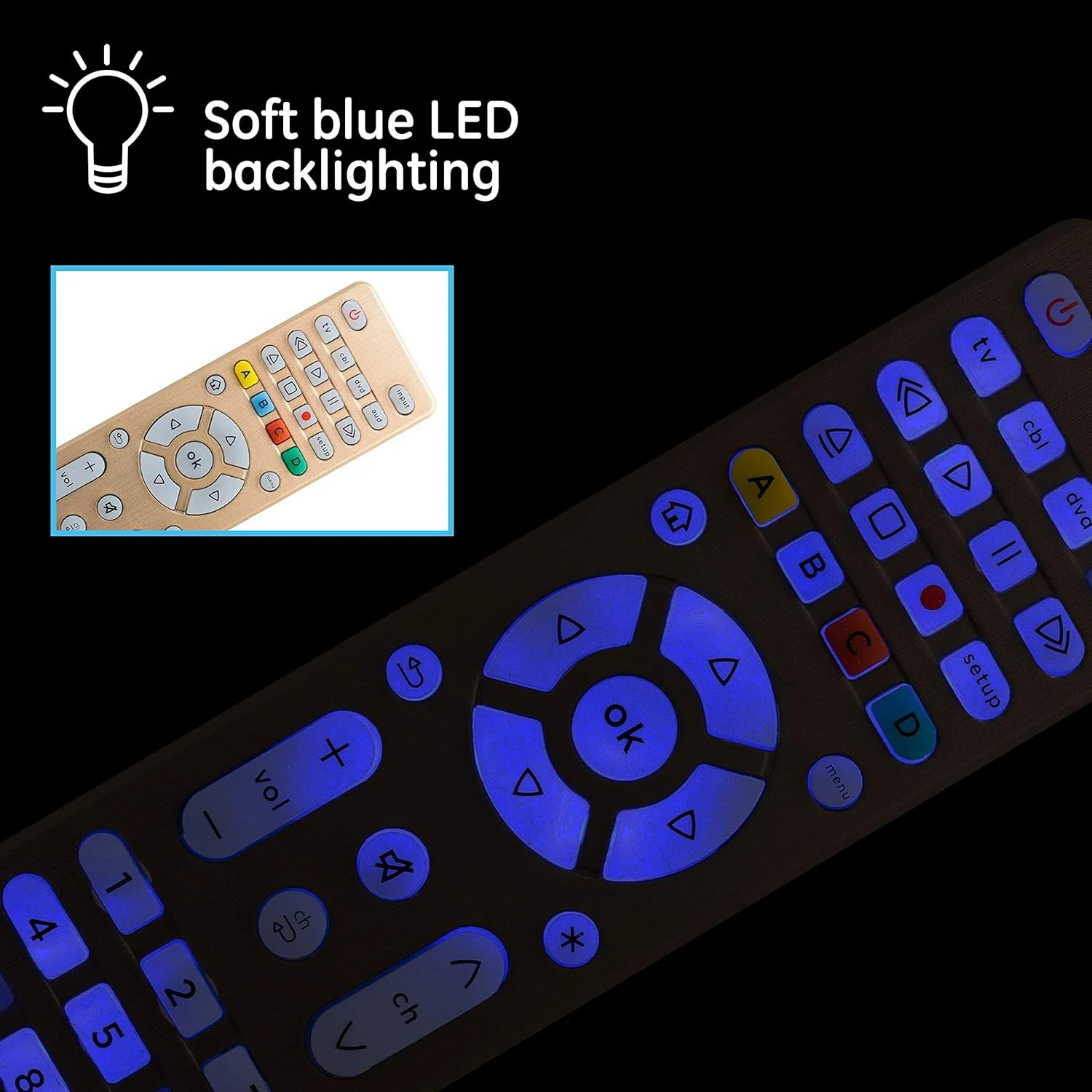 کنترل از راه دور جهانی با نور پس زمینه GE برای سامسونگ، ویزیو، ال جی، سونی، شارپ، Roku، اپل تی وی، TCL، پاناسونیک، تلویزیون هوشمند، پخش کننده های استریمینگ، Blu-Ray، DVD، راه اندازی ساده، 4 دستگاه، طلایی، 48845