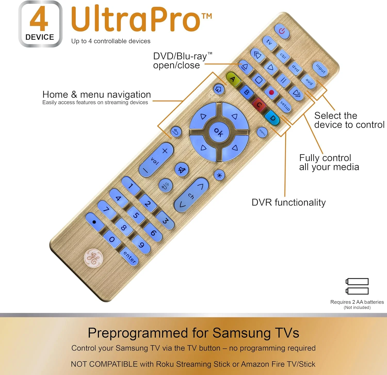 کنترل از راه دور جهانی با نور پس زمینه GE برای سامسونگ، ویزیو، ال جی، سونی، شارپ، Roku، اپل تی وی، TCL، پاناسونیک، تلویزیون هوشمند، پخش کننده های استریمینگ، Blu-Ray، DVD، راه اندازی ساده، 4 دستگاه، طلایی، 48845