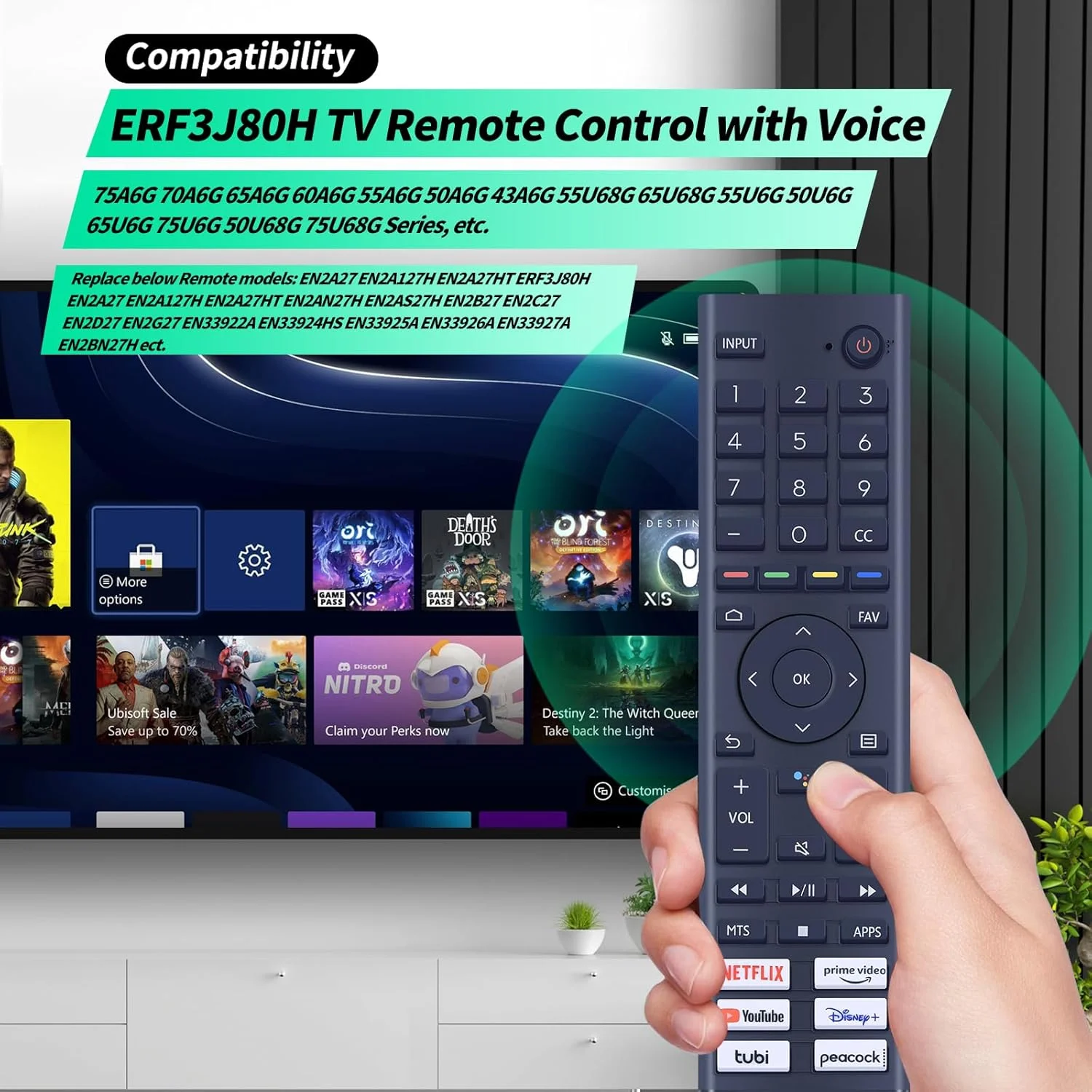 ریموت کنترل جهانی ERF3J80H مناسب برای تمام تلویزیون های هوشمند اندروید 4K UHD هایسنس سری A6G U6G U8G مدل های 75A6G 70A6G 65A6G 60A6G 55A6G 50A6G 43A6G 55U68G 50U6G 65U6G 75U6G 50U68G 75U68G بدون قابلیت صدا