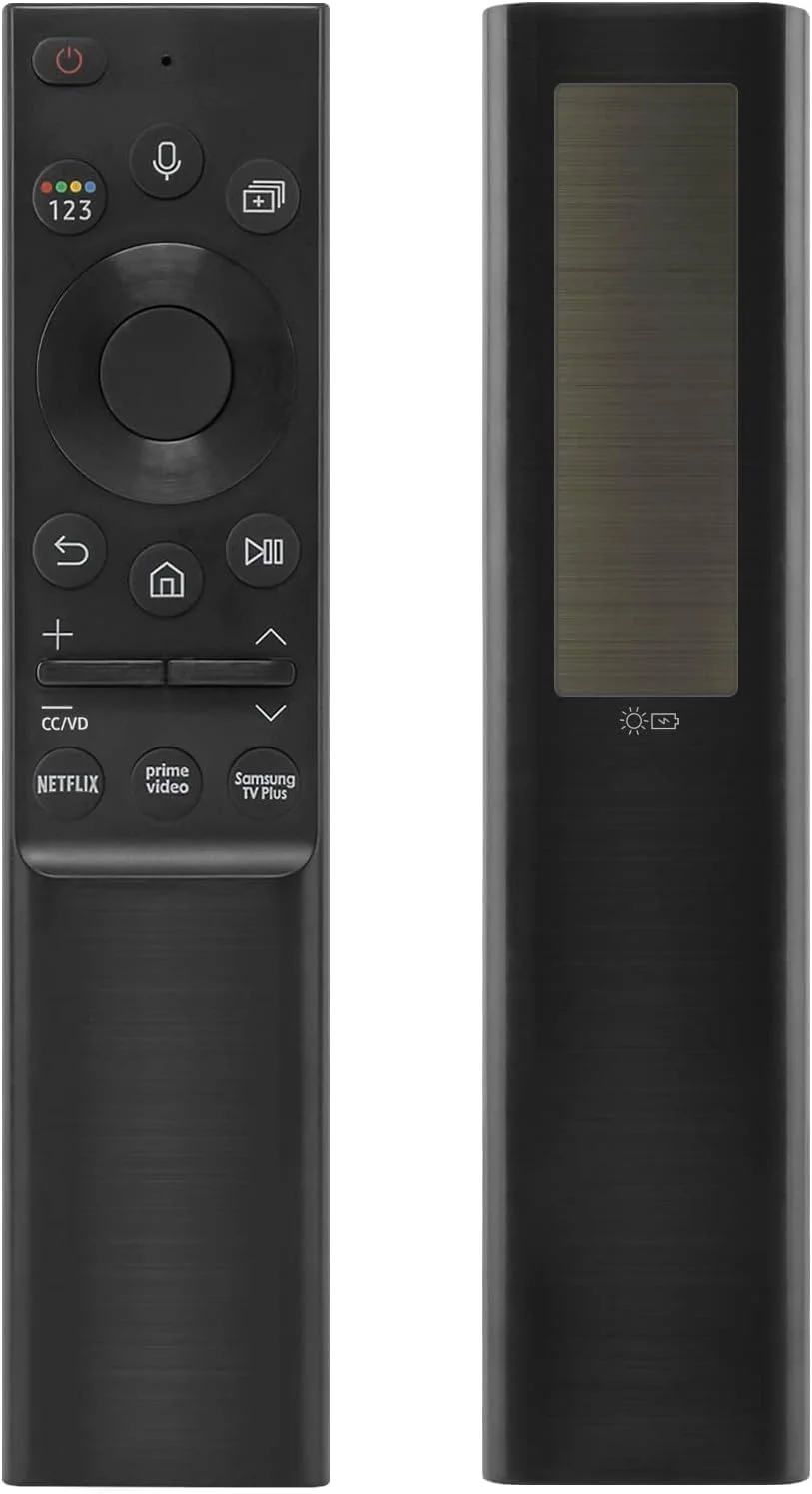 ریموت کنترل صوتی شارژ خورشیدی سازگار با تلویزیون های هوشمند سامسونگ، ریموت کنترل RMCSPA1EP1 با انرژی خورشیدی سازگار با تلویزیون های هوشمند 4K Ultra HD Neo LED 2021 سامسونگ، با 3 دکمه میانبر.