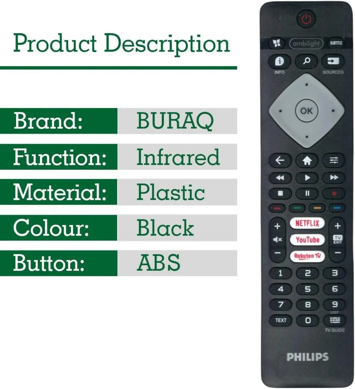 ریموت کنترل جایگزین یونیورسال BURAQ برای تلویزیون های فیلیپس LCD LED هوشمند، بدون نیاز به تنظیمات، ریموت کنترل فیلیپس برای تلویزیون با دکمه های Netflix، YouTube و Rakuten TV