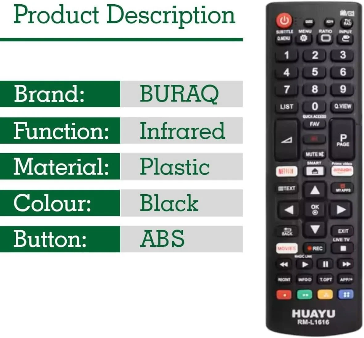 ریموت کنترل جهانی BURAQ برای تلویزیون های هوشمند ال جی، سازگار با تمام مدل های تلویزیون ال جی LCD LED OLED UHD HDTV 3D 4K Smart TV، جایگزین ریموت کنترل تلویزیون ال جی با دکمه های میانبر نتفلیکس و آمازون