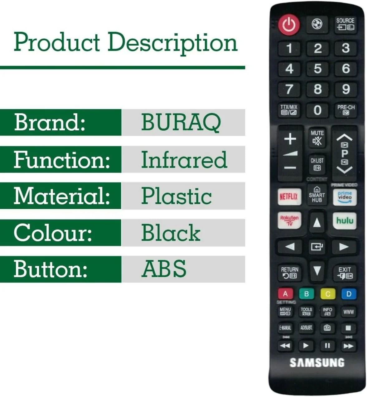 ریموت کنترل جهانی مادون قرمز BURAQ برای همه تلویزیون های سامسونگ، ریموت جایگزین مادون قرمز برای مدل های تلویزیون های هوشمند LCD LED HDTV سامسونگ