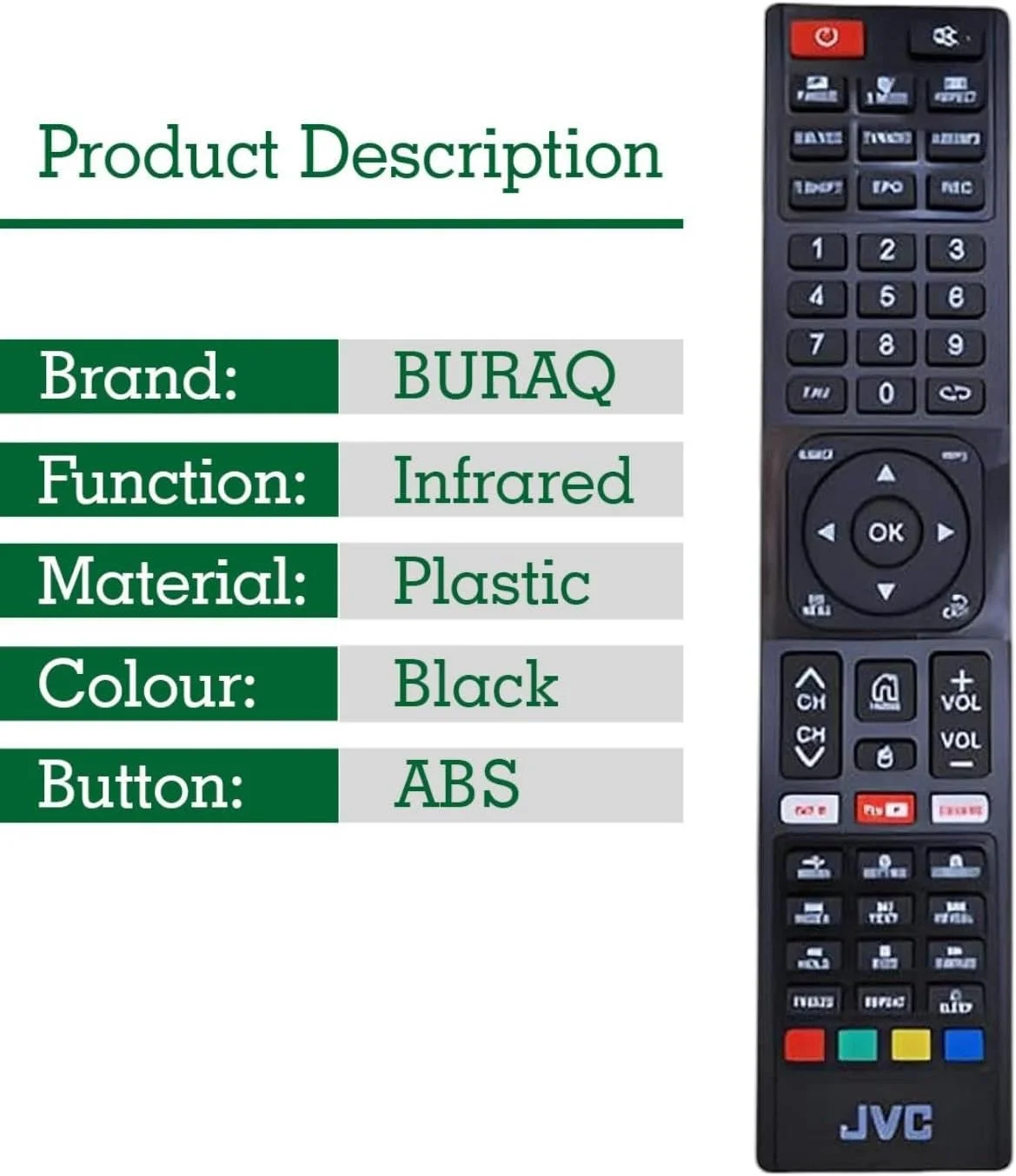 ریموت کنترل جایگزین BURAQ RM-C3401، سازگار با تلویزیون های هوشمند LED 4K UHD جی وی سی مدل های LT-55N775A، LT-55N685A، LT-65N785A و غیره