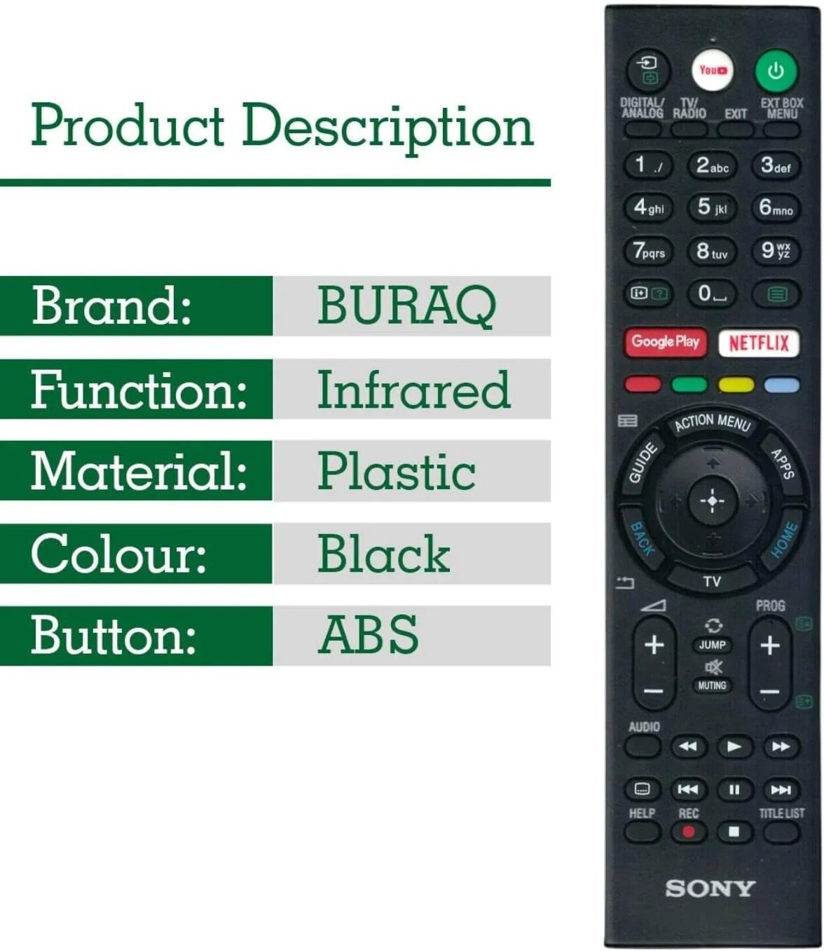 ریموت کنترل BURAQ RMF-TX310P مناسب برای تلویزیون های هوشمند سونی سری X78F، سری X83F، سری X75F، سری TVA8G، سری X85F، سری X90F و سری X80G