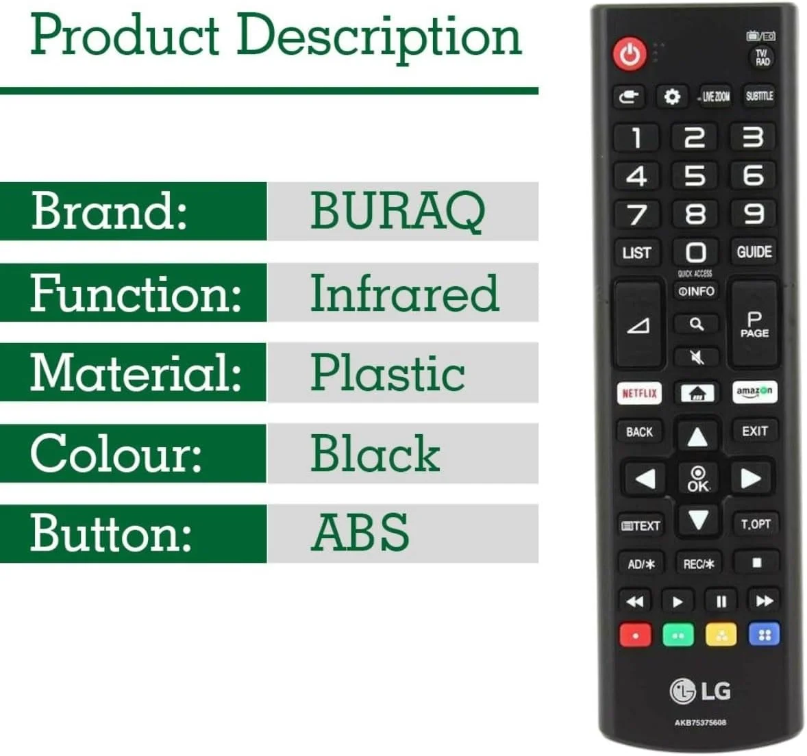 ریموت کنترل جهانی BURAQ برای تلویزیون های هوشمند ال جی، سازگار با تمام مدل های تلویزیون ال جی LCD LED OLED UHD HDTV 3D 4K Smart TV، جایگزین ریموت کنترل تلویزیون ال جی با قابلیت نتفلیکس آمازون