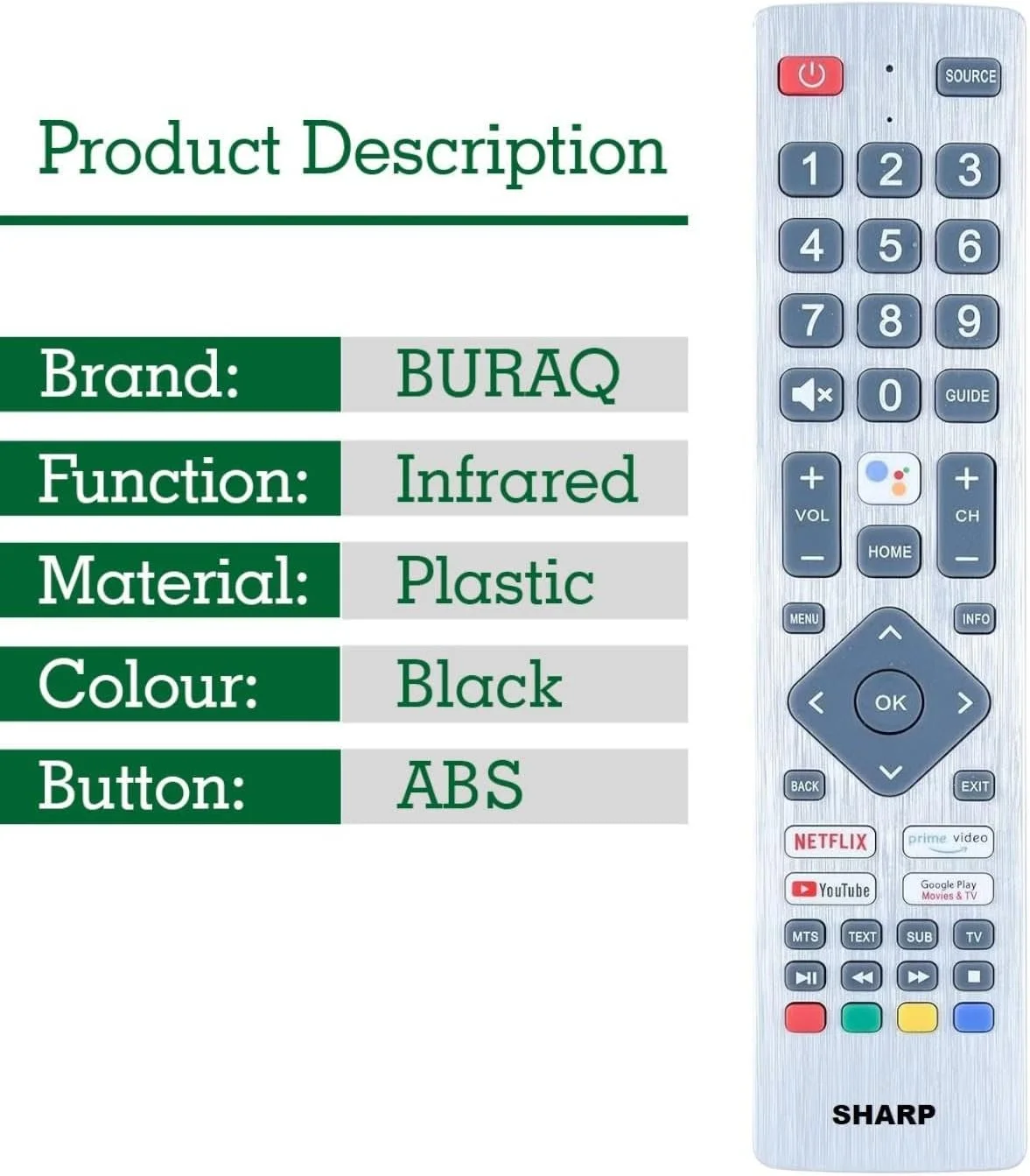 ریموت کنترل جایگزین BURAQ SHWRMC0133 برای تلویزیون های شارپ آکواس Ultra HD مدل های 40BL2EA 40BL3EA 40BL4EA 40BL5EA 50BL2EA 50BL3EA 50BL4EA 50BL5EA 55BL2EA 55BL3EA 55BL5EA