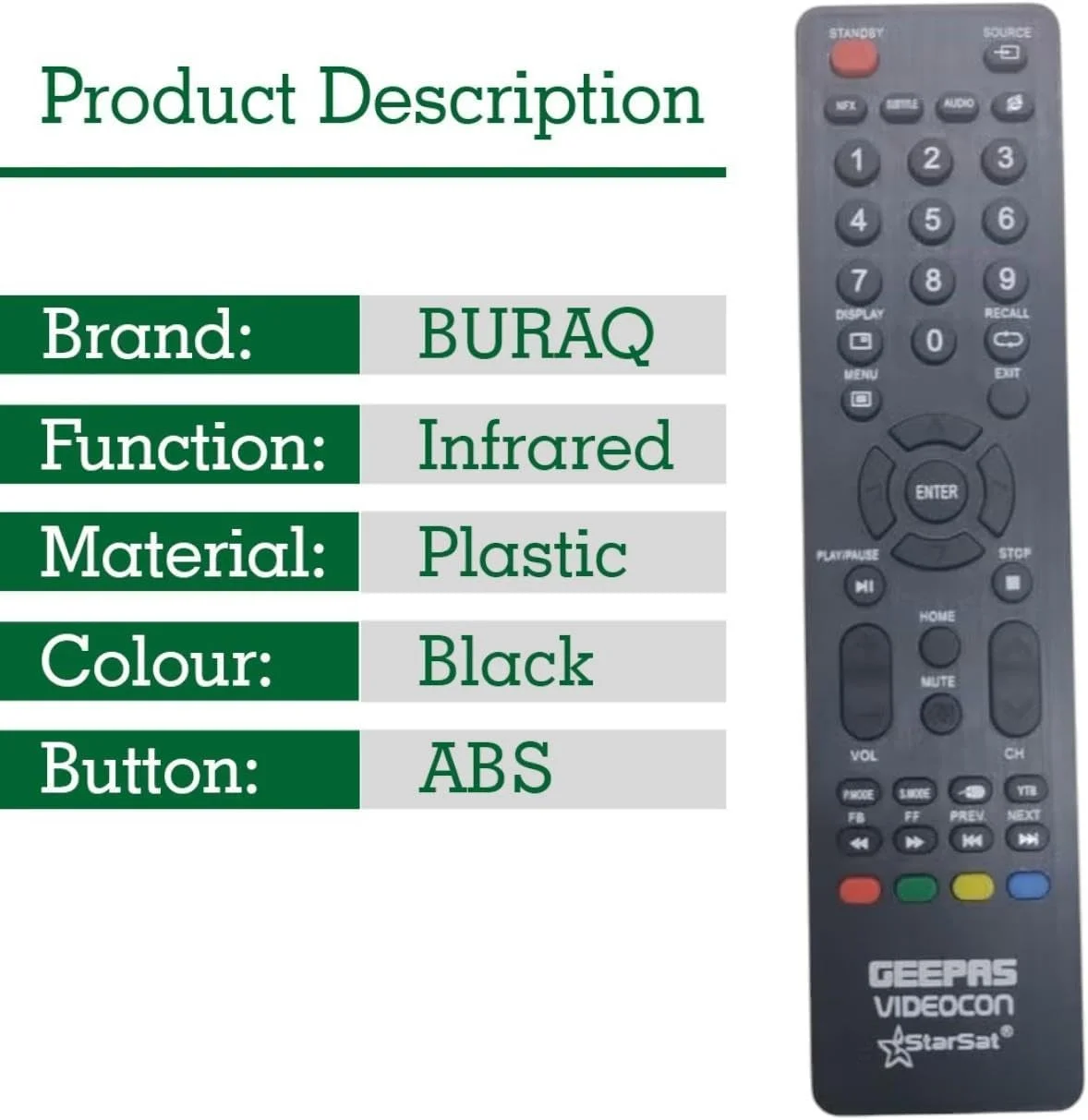ریموت کنترل جایگزین BURAQ برای تلویزیون های هوشمند Geepas، Star Star و Videocon LCD LED