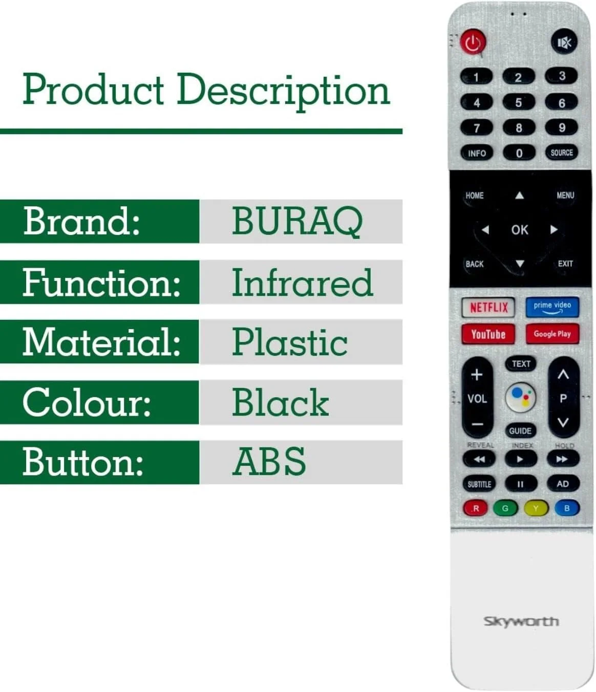 ریموت کنترل جایگزین BURAQ برای تلویزیون Skyworth مدل‌های 32TB5000 40TB5000 40TB5050 43UB5500 43TB5000 43TB5050 43UB5550 43UB5560 50UB5550 50UB5560 55UB5500 55UB5550