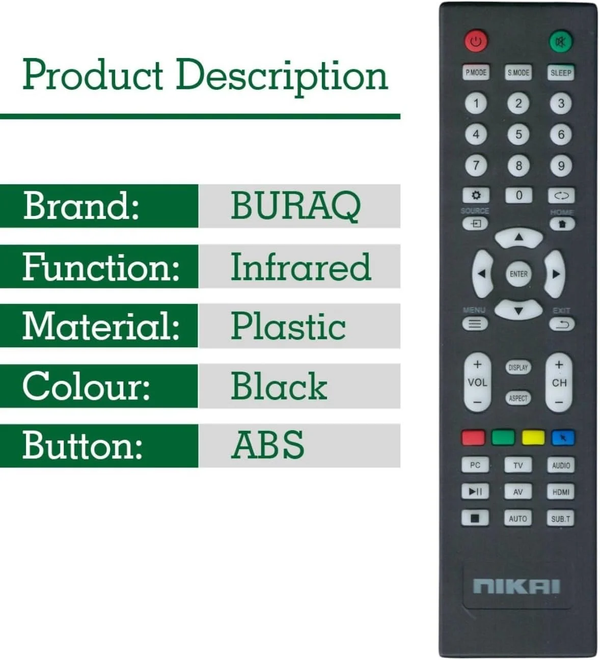 ریموت کنترل جایگزین BURAQ سازگار با تلویزیون های هوشمند ال سی دی ال ای دی نیکای (نوع 1)