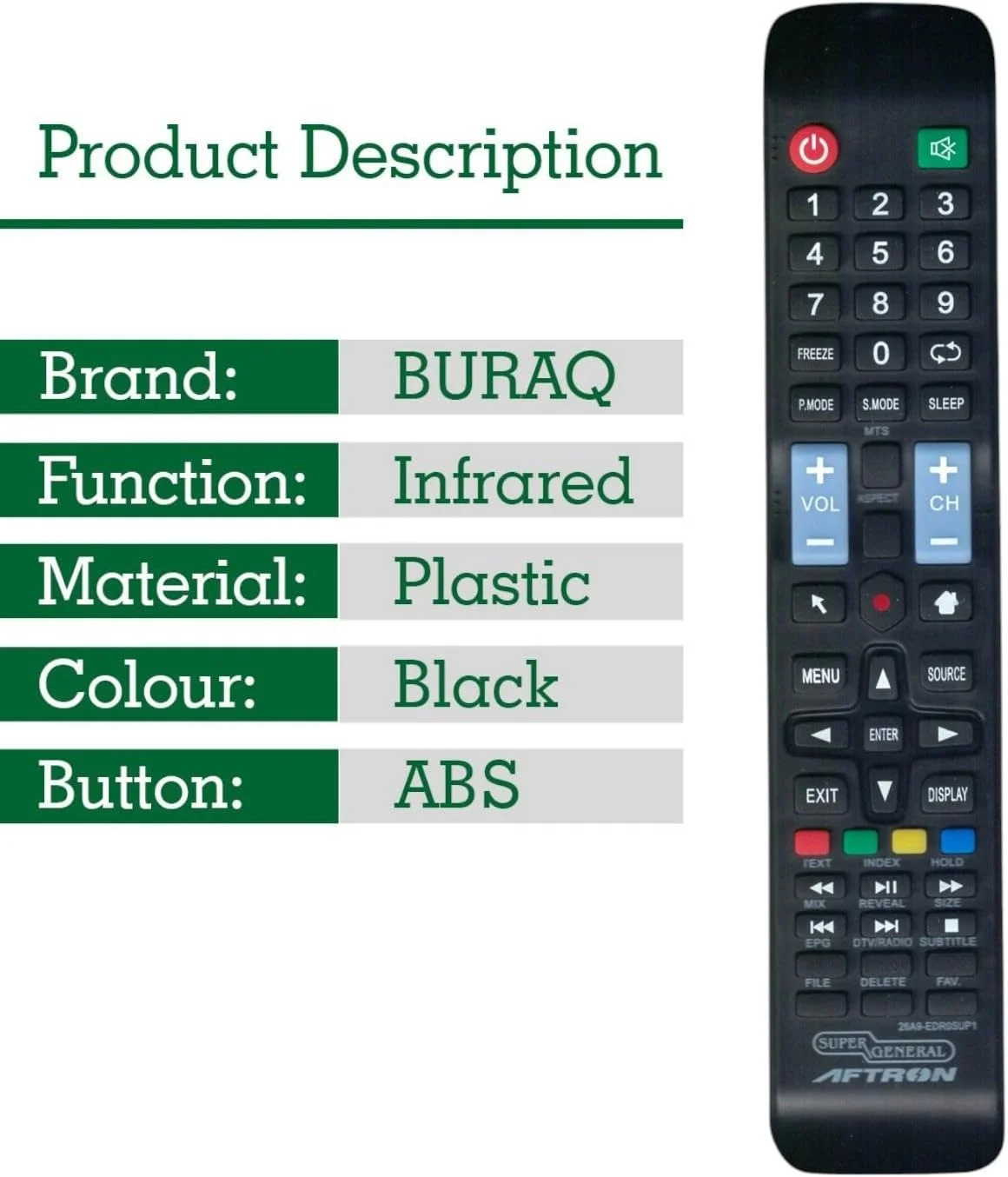 ریموت کنترل جایگزین BURAQ برای تلویزیون های هوشمند Super General LCD LED و تلویزیون های هوشمند Aftron LCD LED (مدل 1)