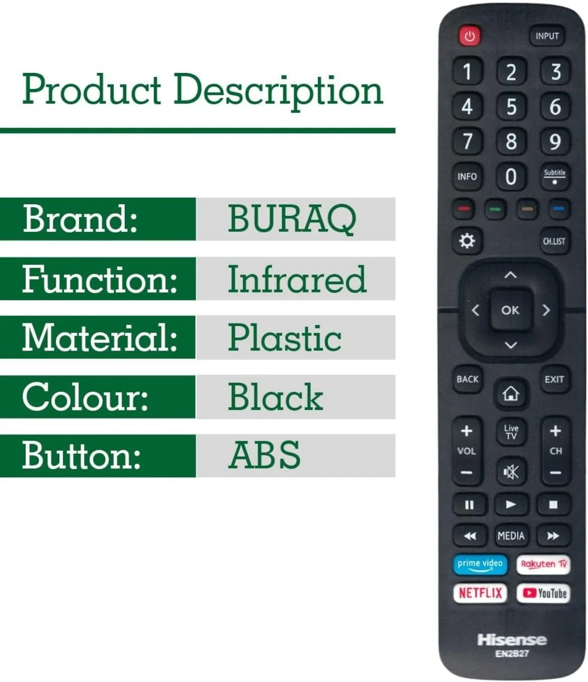 ریموت کنترل جایگزین BURAQ برای تلویزیون های هوشمند هایسنس LCD LED مدل EN2B27