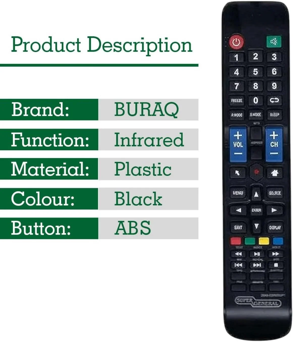 ریموت کنترل جایگزین BURAQ برای تلویزیون های هوشمند Super General LCD LED