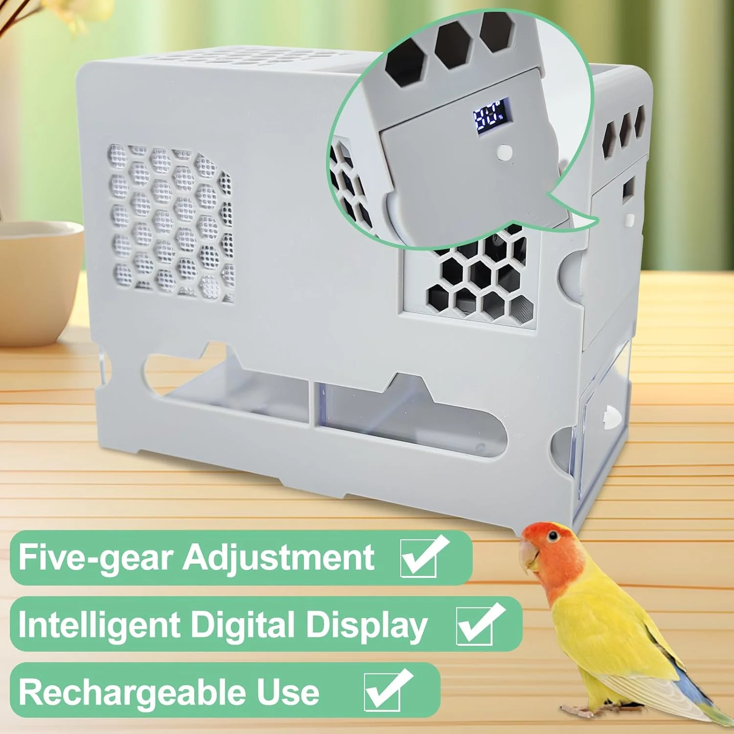 دستگاه فید پرنده، دستگاه دمنده پوسته بدون نیاز به مونتاژ، جداکننده پوسته بادی، دستگاه تمیز کننده دانه پرنده، با فن سرعت قابل تنظیم، نمایشگر دیجیتال هوشمند، قابل شارژ و شستشو، پوسته‌کنی سریع