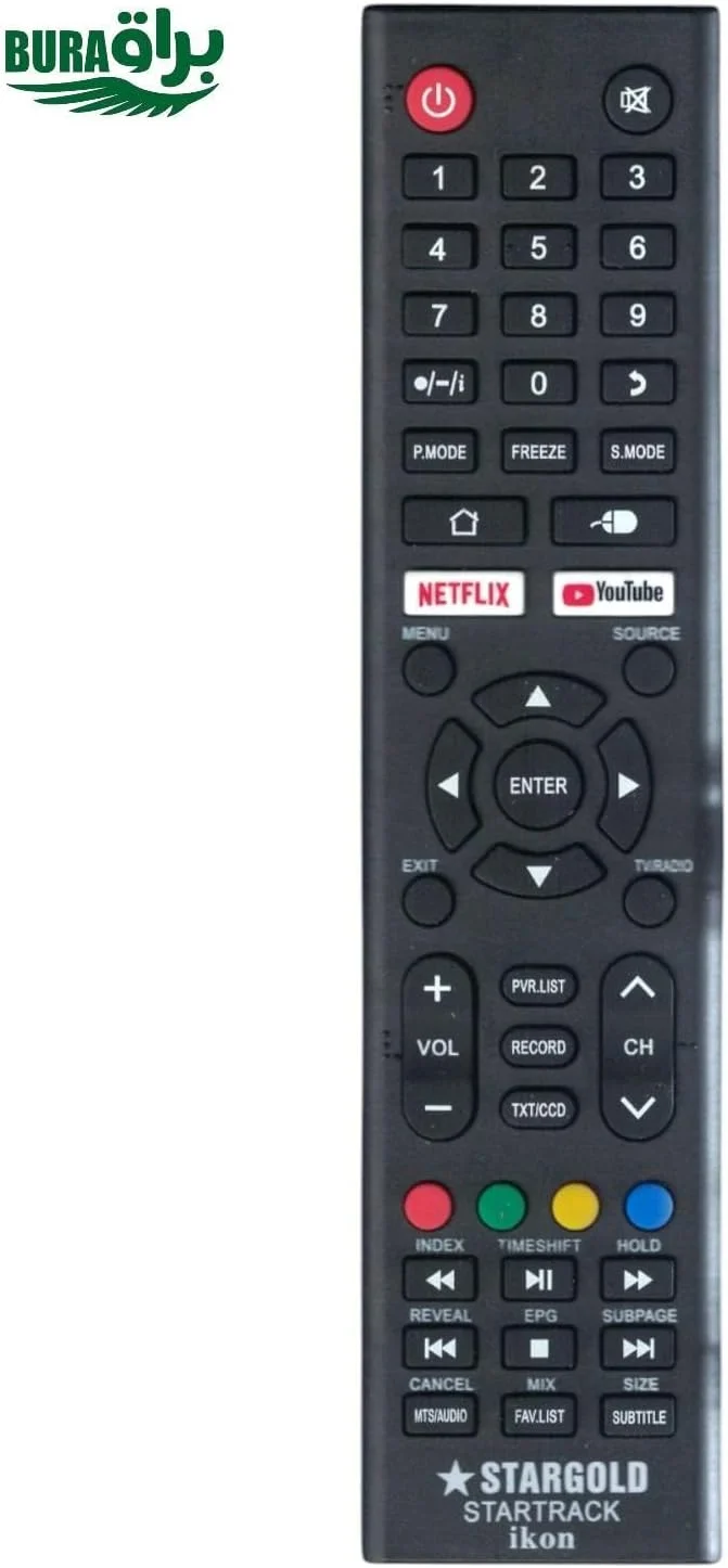 ریموت کنترل جایگزین BURAQ برای تلویزیون های هوشمند Stargold، Star Track و ikon LCD LED با دکمه های YouTube و Netflix