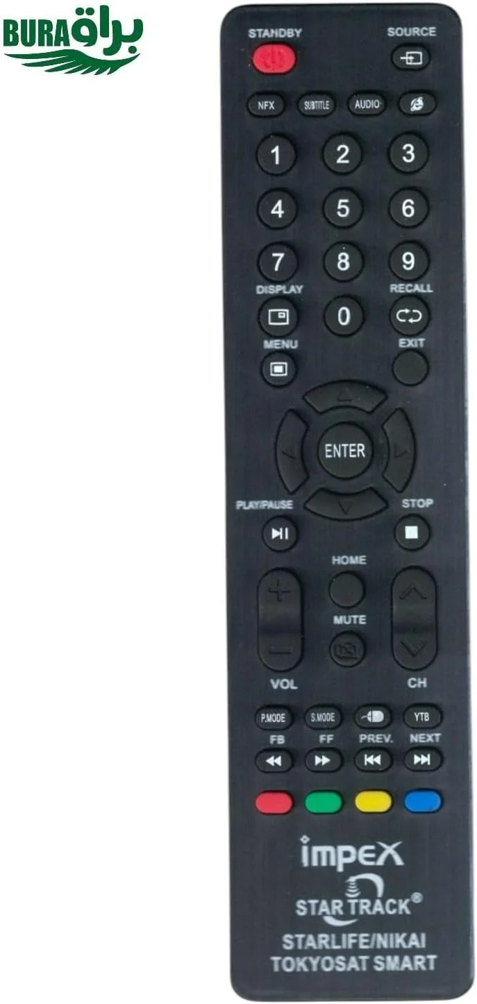 ریموت کنترل جایگزین BURAQ برای تلویزیون های ایمپکس، استار ست، جی وی سی، نیکای، گیپاس، ویدئوکان، توکیوسات، ال سی دی و ال ای دی هوشمند