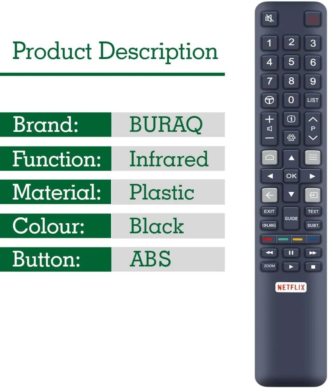 ریموت کنترل جایگزین BURAQ مدل GRC802N YAI2 RC802NP برای تلویزیون های ال ای دی اندروید TCL مدل های LED32S6500S LED32S6550S 32ES560 40ES560 U50P6146 U55C7006 U65X9026 U70C7026