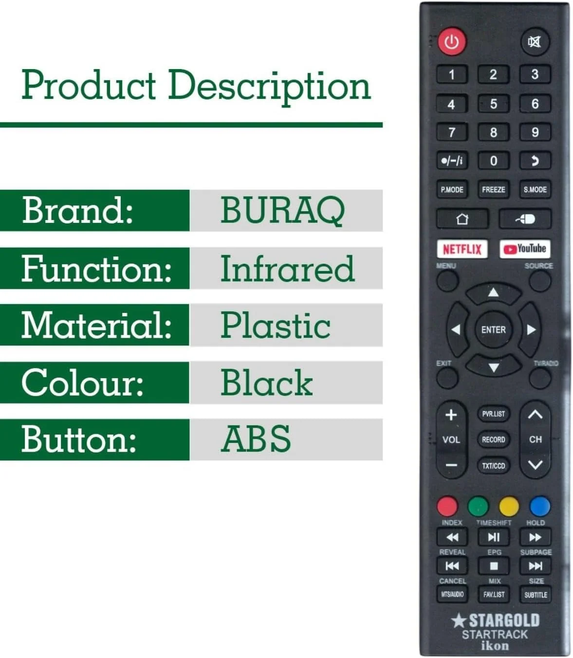 ریموت کنترل جایگزین BURAQ برای تلویزیون های هوشمند Stargold، Star Track و ikon LCD LED با دکمه های YouTube و Netflix