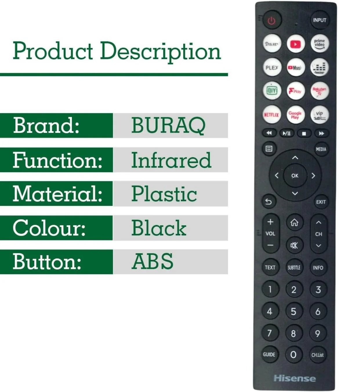 ریموت کنترل جایگزین BURAQ برای تلویزیون های Hisense مدل EN2Q36H، مناسب برای تلویزیون های هوشمند Hisense VIDAA 4K HDTV FHD QLED LCD LED