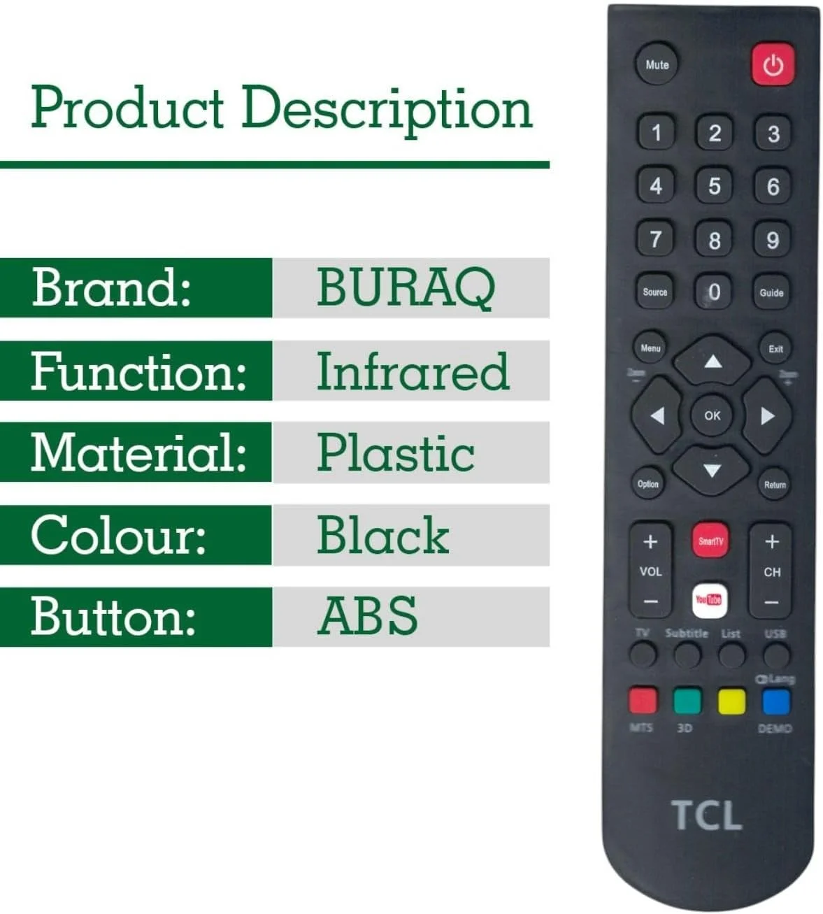 ریموت کنترل جایگزین BURAQ RC200 برای تلویزیون های هوشمند ال سی دی ال ای دی TCL با دکمه های یوتیوب و تلویزیون هوشمند