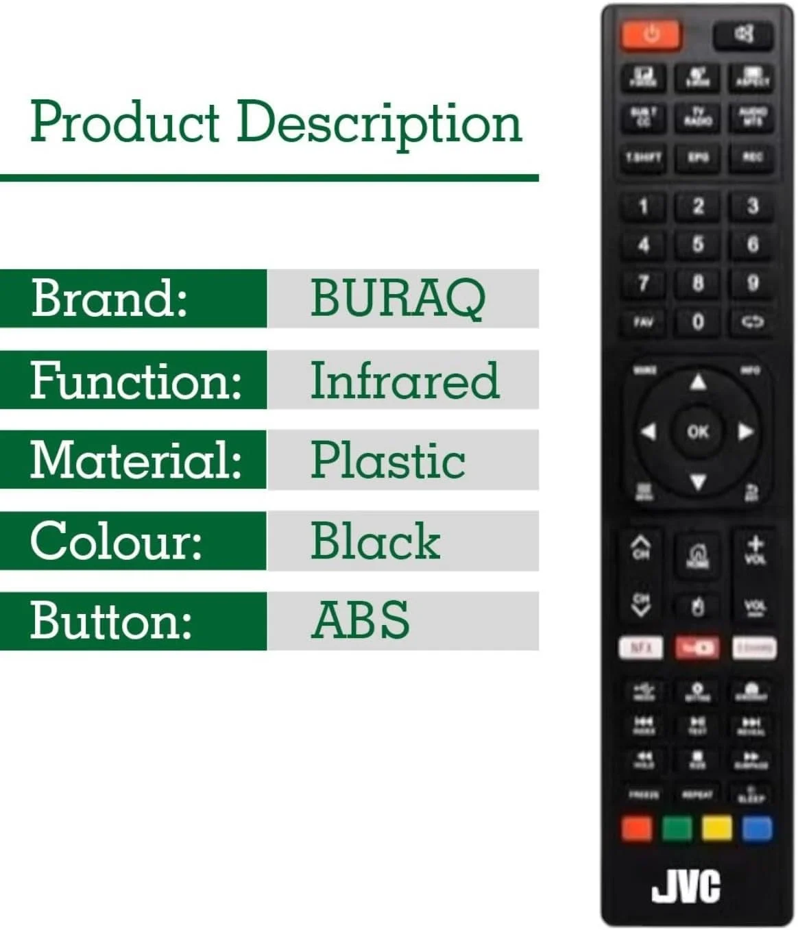 ریموت کنترل جایگزین BURAQ سازگار با تلویزیون های هوشمند ال سی دی ال ای دی JVC (نوع 1)