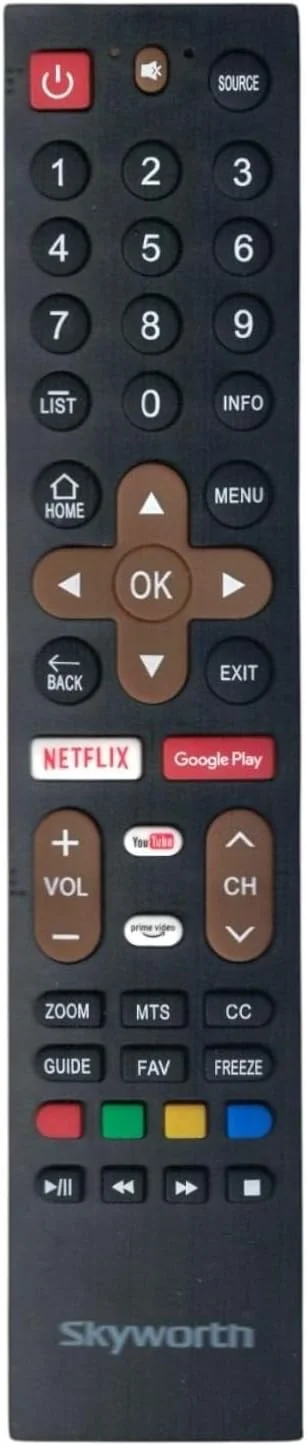 ریموت کنترل جایگزین BURAQ برای تلویزیون های هوشمند ال سی دی و ال ای دی Skyworth با دکمه های Netflix، Prime Video، Google Play و Youtube