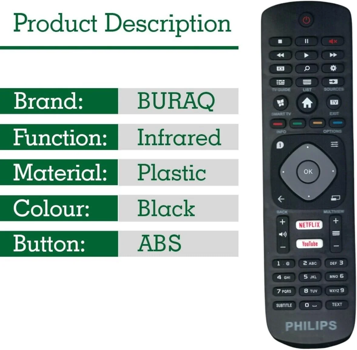 ریموت کنترل جایگزین BURAQ برای تلویزیون هوشمند ال ای دی ال سی دی فیلیپس با دکمه های میانبر یوتیوب و نتفلیکس
