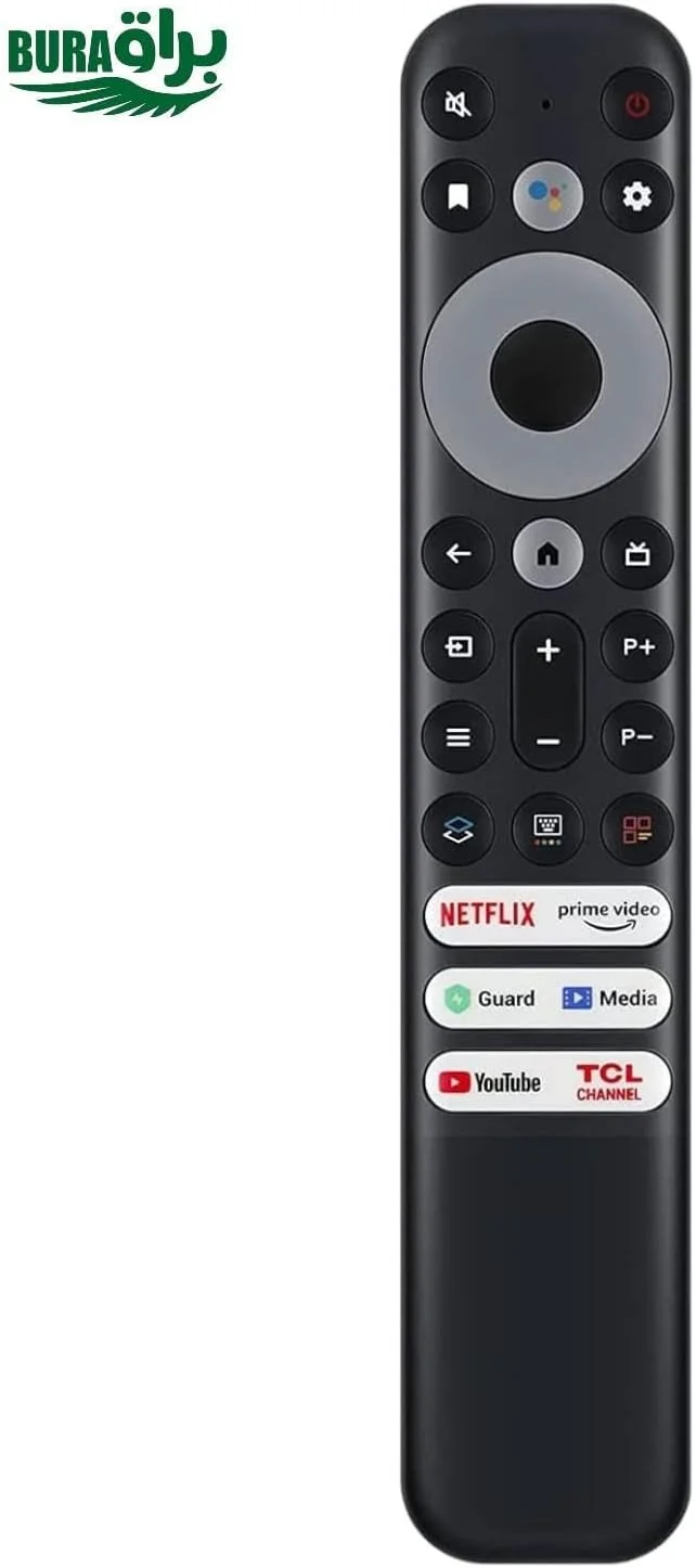 ریموت کنترل جایگزین BURAQ مدل RC902V برای تلویزیون هوشمند گوگل TCL با دکمه‌های Netflix، Prim Vido، YouTube، Guard، Media و TCL Channel (بدون عملکرد صوتی)