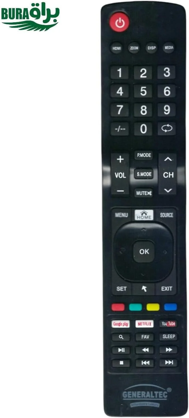 ریموت کنترل جایگزین BURAQ سازگار با تلویزیون های هوشمند جنرالتک LCD LED با دکمه های میانبر YouTube، Netflix و Google Play