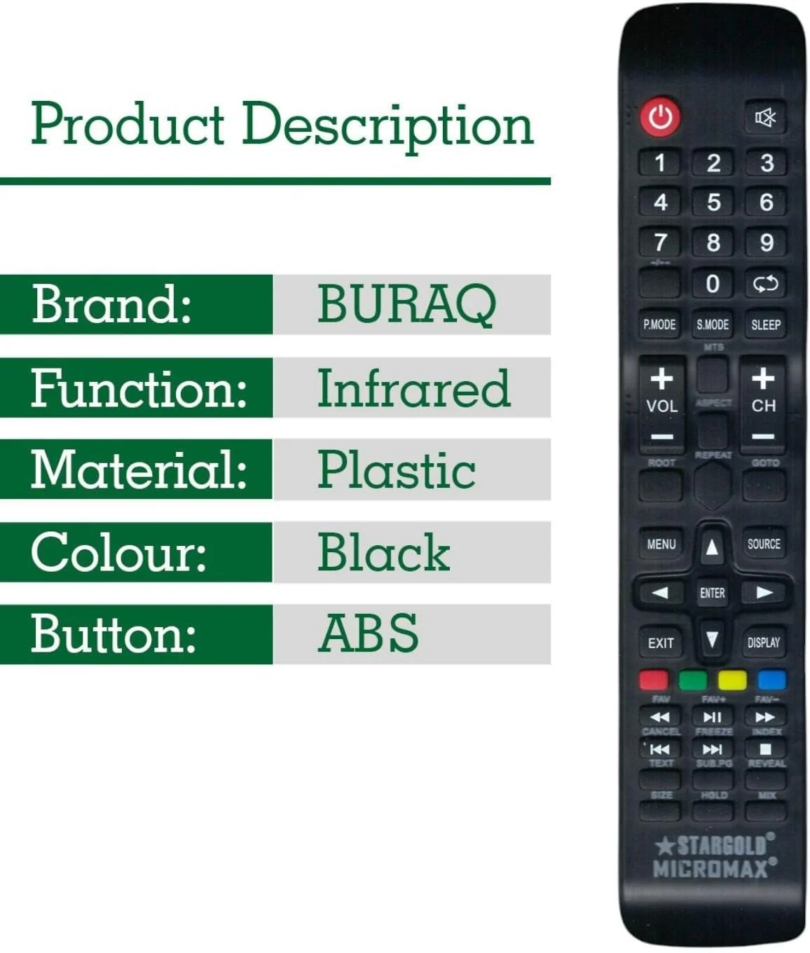 ریموت کنترل جایگزین BURAQ سازگار با تلویزیون هوشمند Stargold LCD LED و تلویزیون هوشمند Micromax LCD LED