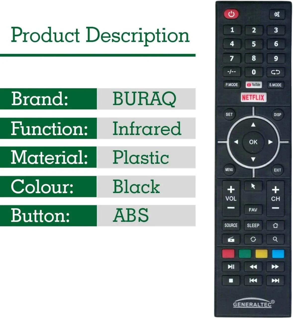 ریموت کنترل جایگزین BURAQ سازگار با تلویزیون های هوشمند جنرال تک LCD LED با دکمه های میانبر YouTube و Netflix