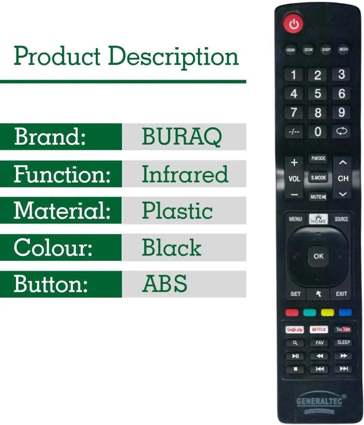 ریموت کنترل جایگزین BURAQ سازگار با تلویزیون های هوشمند جنرالتک LCD LED با دکمه های میانبر YouTube، Netflix و Google Play