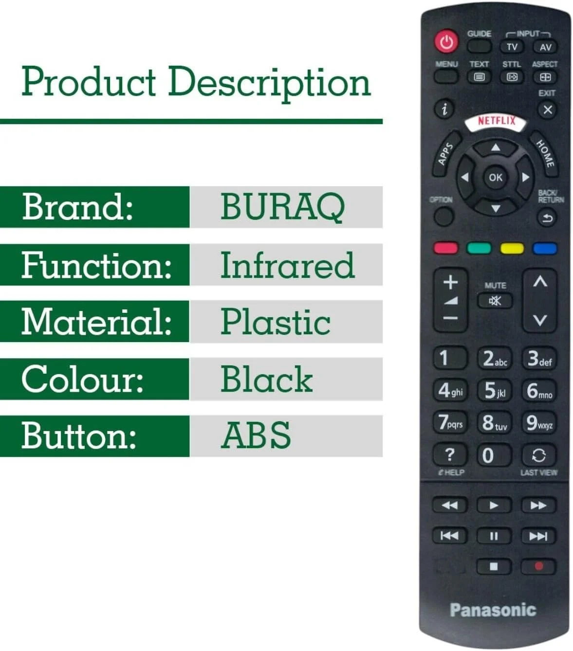 ریموت کنترل جایگزین BURAQ سازگار با ریموت کنترل تلویزیون پاناسونیک RC1008 دارای دکمه های Netflix Home Apps سازگار با تلویزیون هوشمند LCD/LED مدل های TC-P50S60 TC-P55S60 TC-P60S60