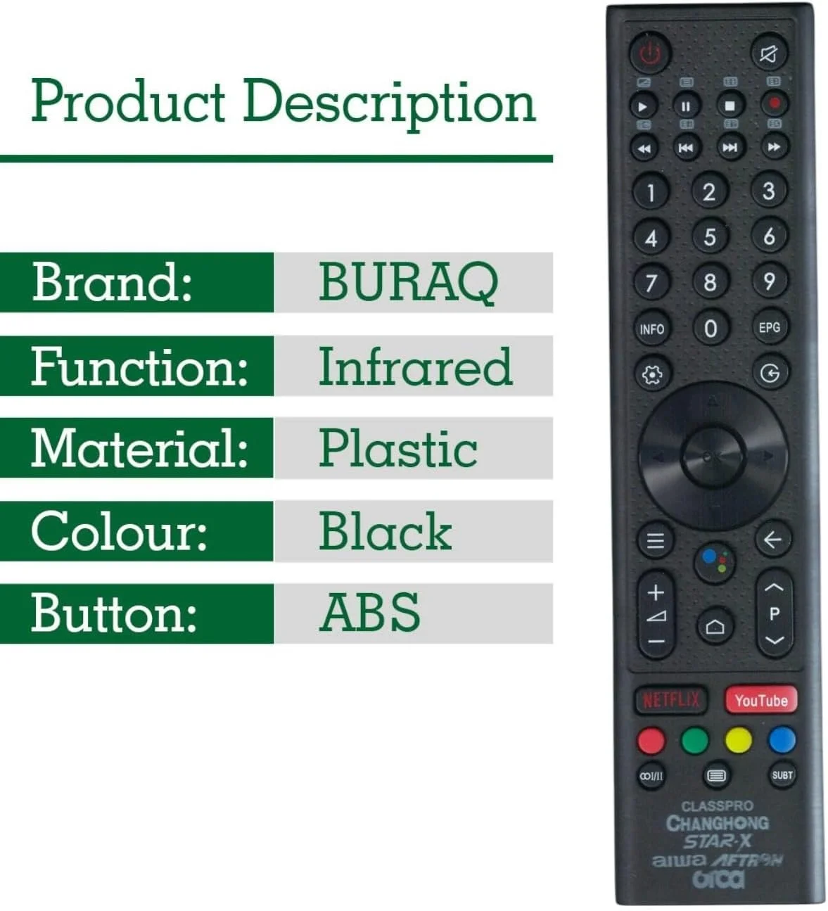 ریموت کنترل تلویزیون BURAQ برای تلویزیون های Class Pro، تلویزیون هوشمند CHANGHONG، تلویزیون Star-X، تلویزیون Arwa، تلویزیون LCD LED Aftron