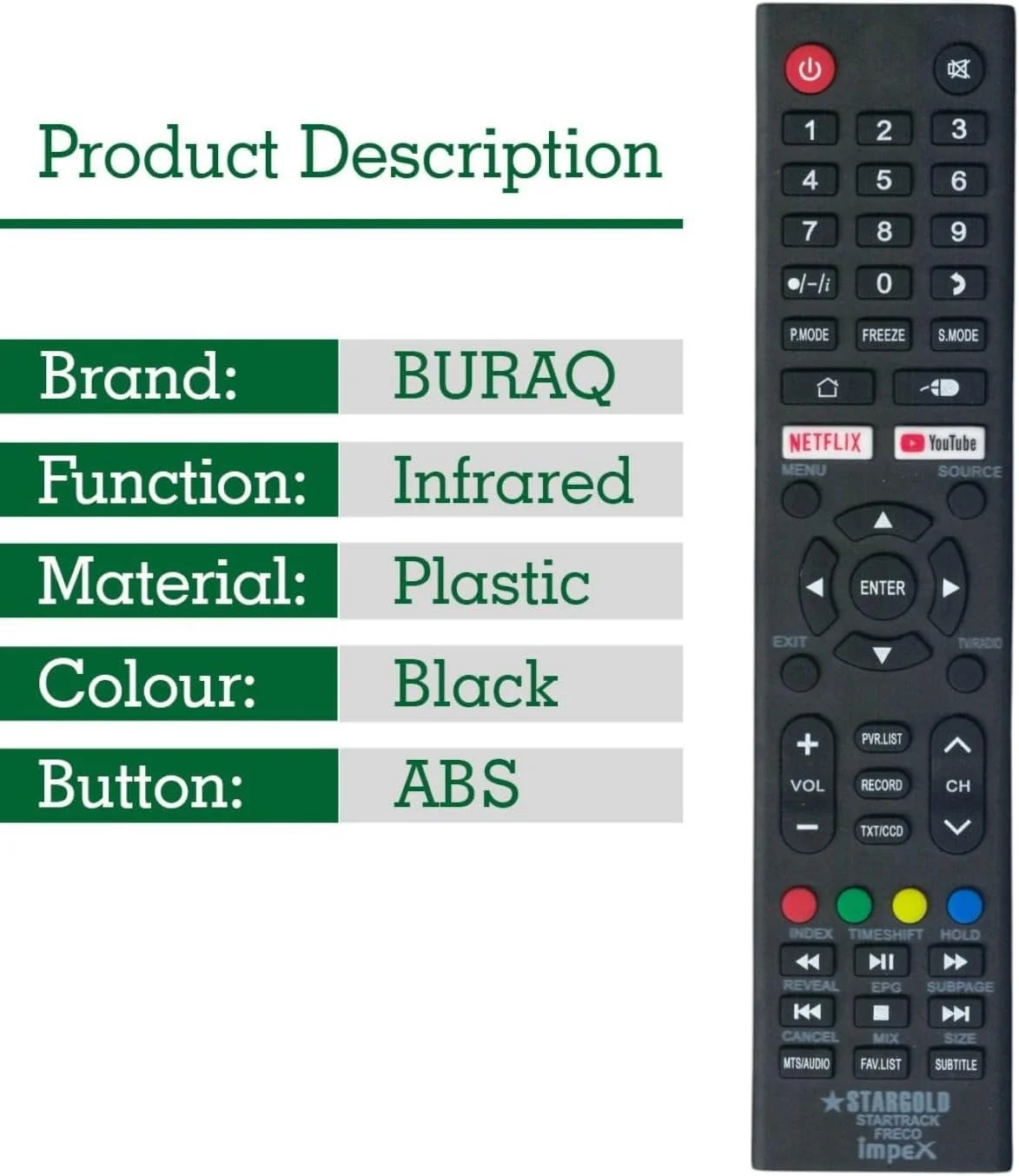 ریموت کنترل جایگزین BURAQ سازگار با تلویزیون های ال سی دی و ال ای دی استارگلد، استار ترک، فرکو و ایمپکس