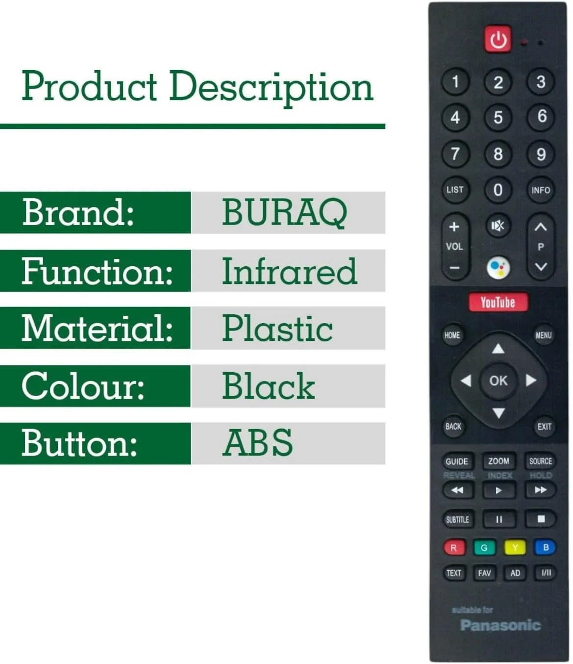 ریموت کنترل جایگزین BURAQ سازگار با تلویزیون های هوشمند LED LCD HD پاناسونیک با عملکرد یوتیوب