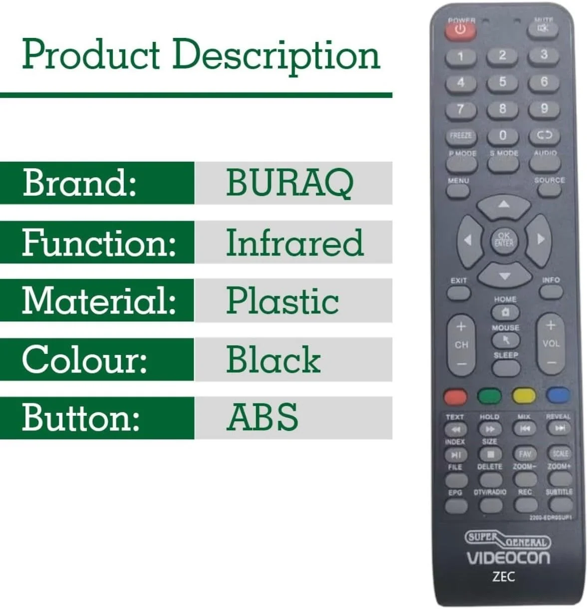 ریموت کنترل BURAQ برای تلویزیون های هوشمند ال سی دی ال ای دی Super General، Videocon، ZEC