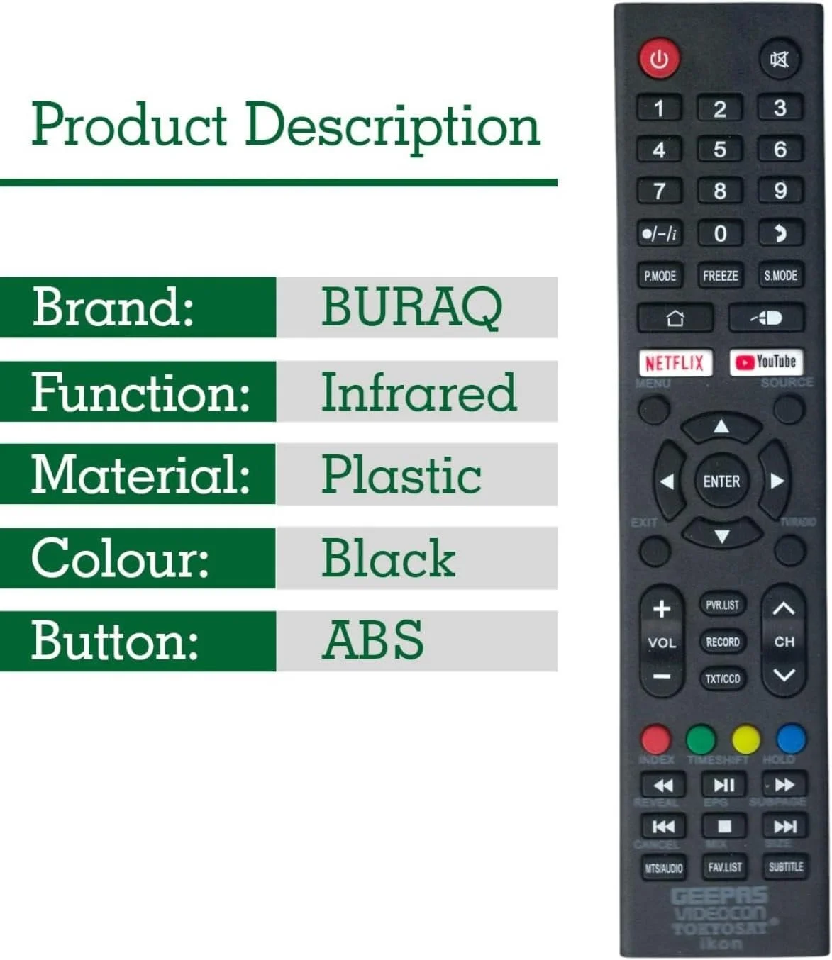ریموت کنترل BURAQ جایگزین برای تلویزیون های هوشمند Geepas، Videocon، Tokyosat، iKon