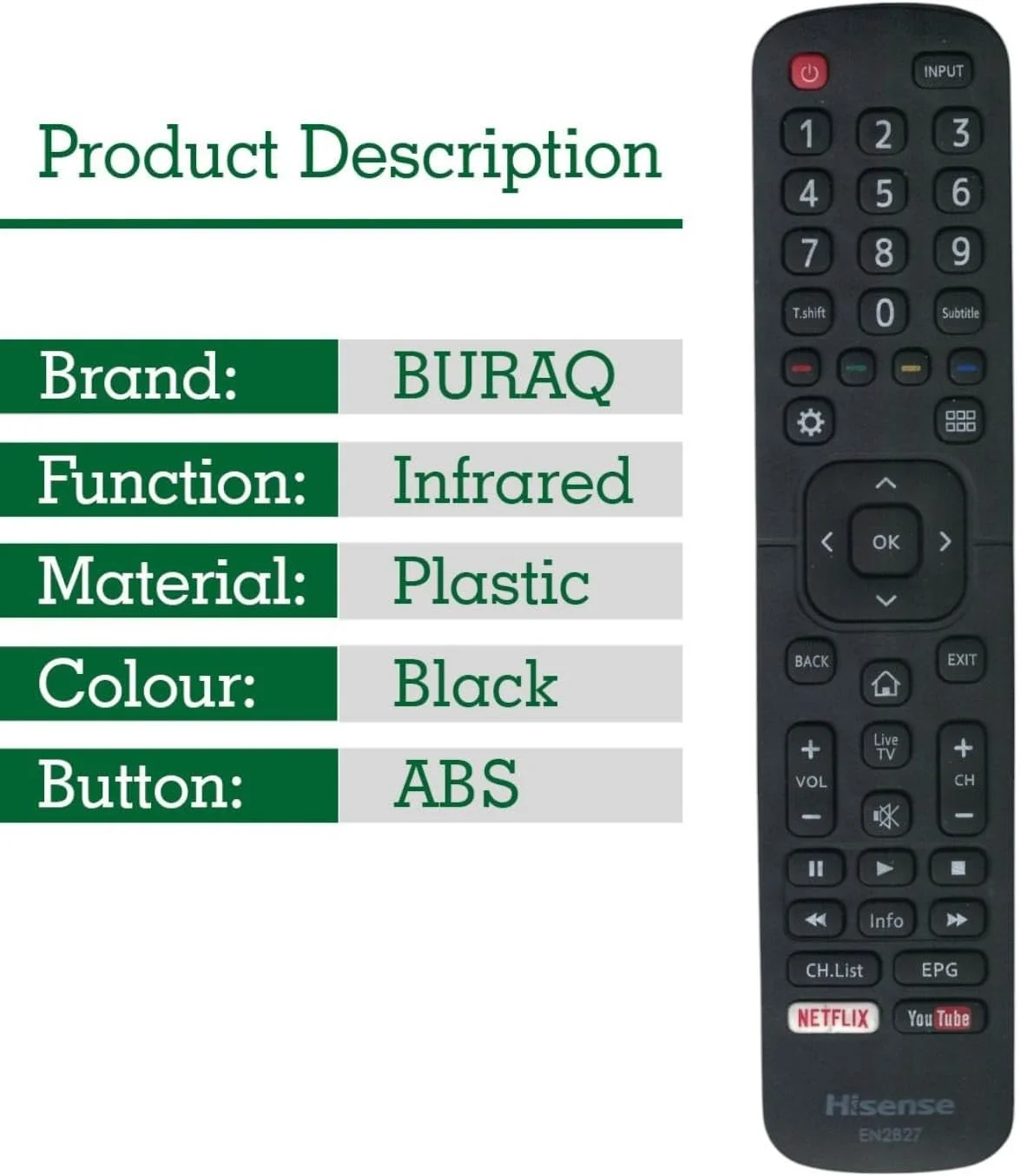 ریموت کنترل BURAQ برای تلویزیون هایسنس مدل EN2B27 RC3394402 / 01 3139 238 29621 EN2B27