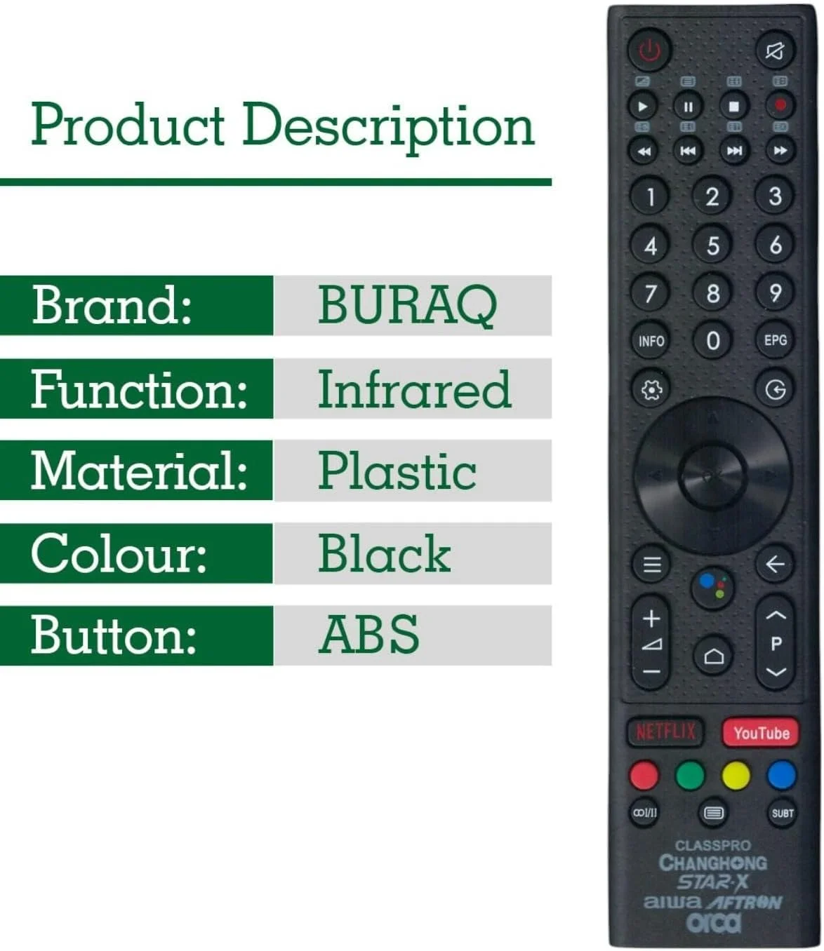 ریموت کنترل جایگزین BURAQ سازگار با تلویزیون های ClassPro، Changhong، Star X، Aftron