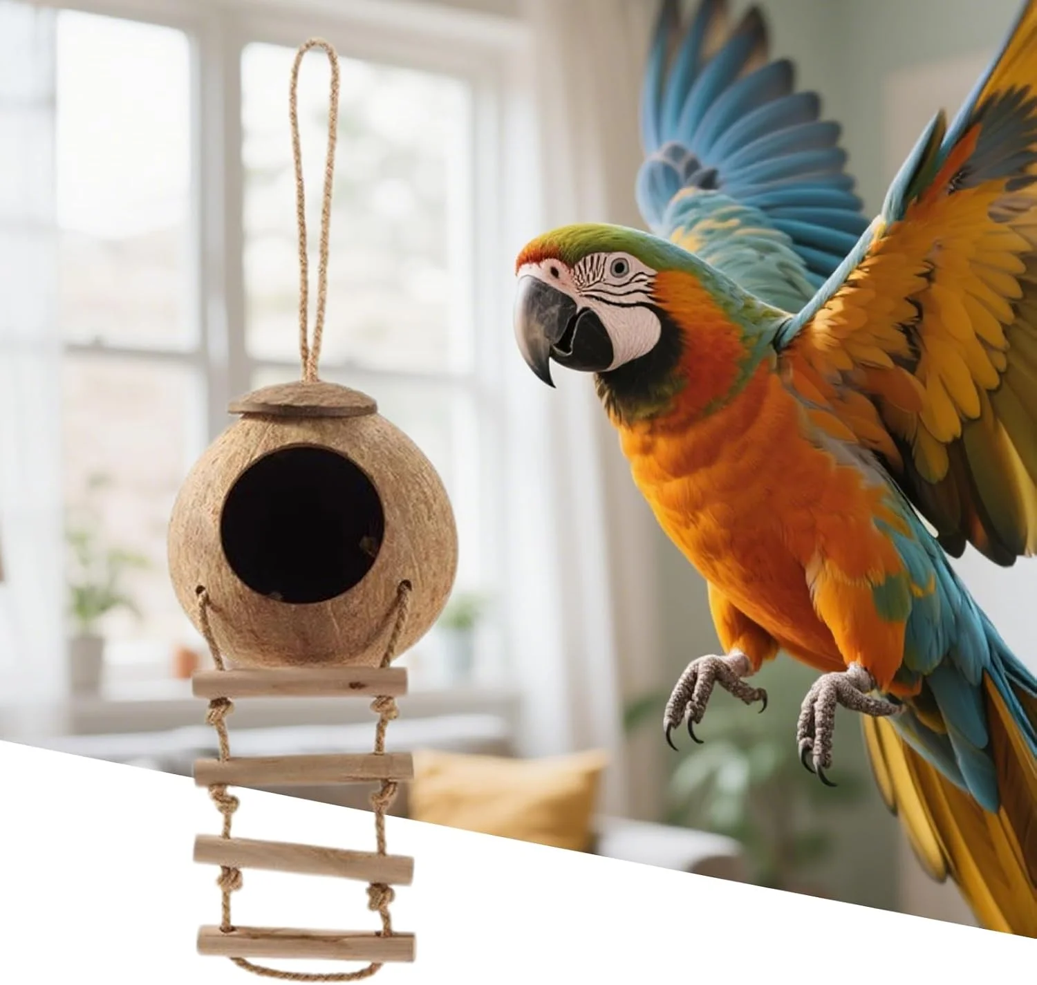 آشیانه پرنده | خانه طوطی از جنس الیاف نارگیل | پناهگاه ضد آب پرنده با نردبان برای مرغ عشق، عروس هلندی، کانور، فنچ، قناری، مناسب برای تولید مثل، تخم گذاری و استراحت