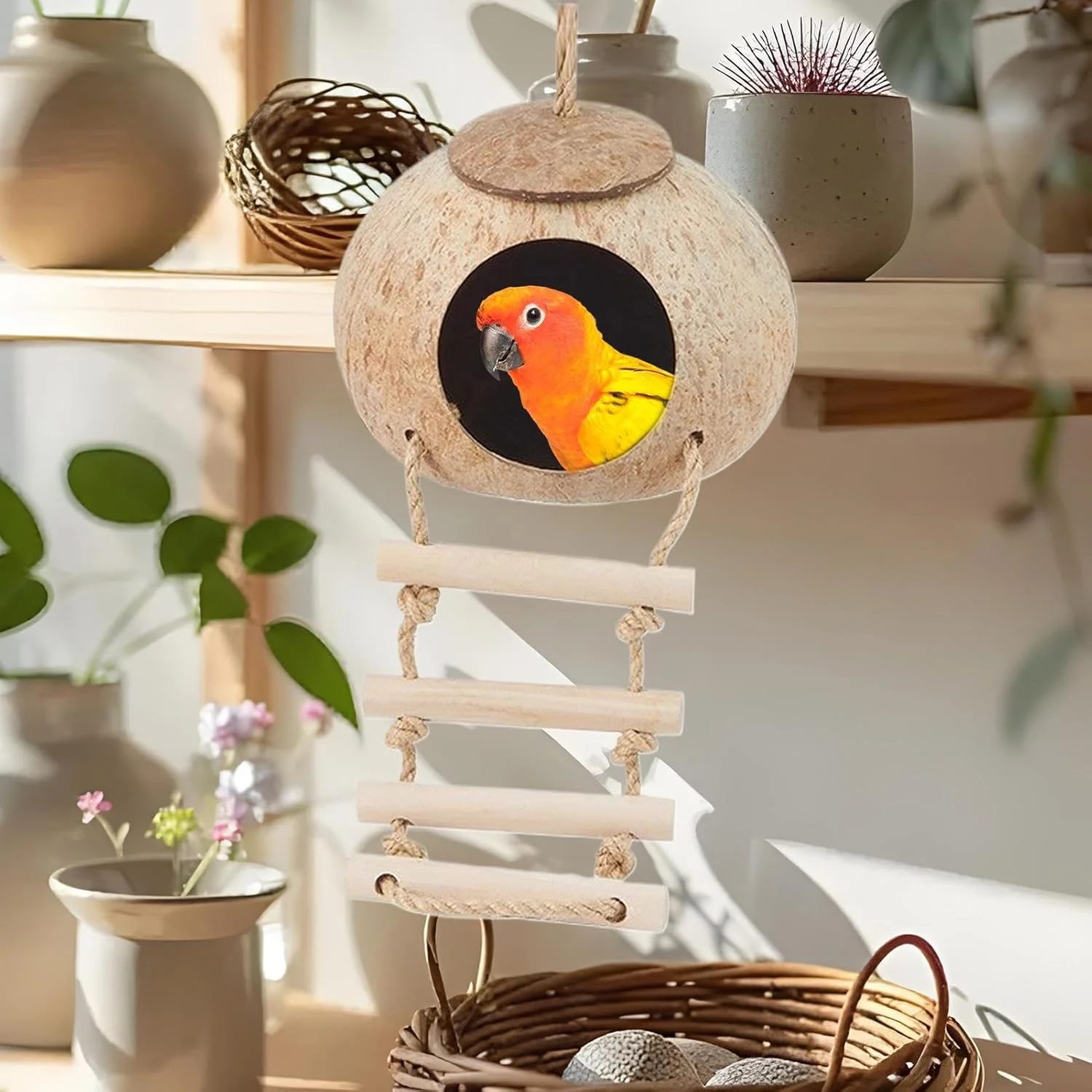 آشیانه پرنده | خانه طوطی از جنس الیاف نارگیل | پناهگاه ضد آب پرنده با نردبان برای مرغ عشق، عروس هلندی، کانور، فنچ، قناری، مناسب برای تولید مثل، تخم گذاری و استراحت