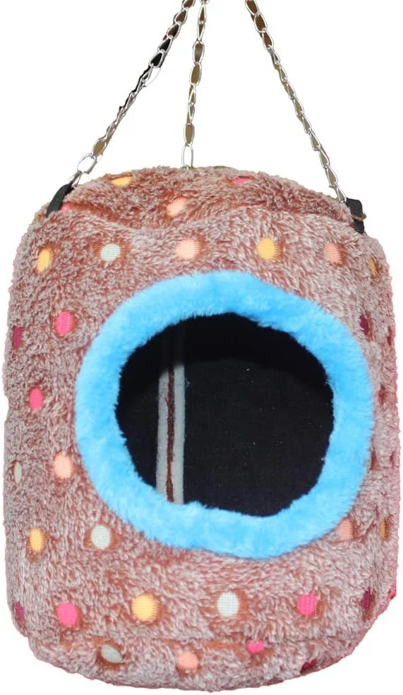 لانه طوطی وانچونگ، مخمل خواب دار، مناسب فضای باز و داخل خانه، هاموک آویز، تخت آویز گرد برای پرندگان و حیوانات کوچک، دکور قفس، خانه (قهوه ای)