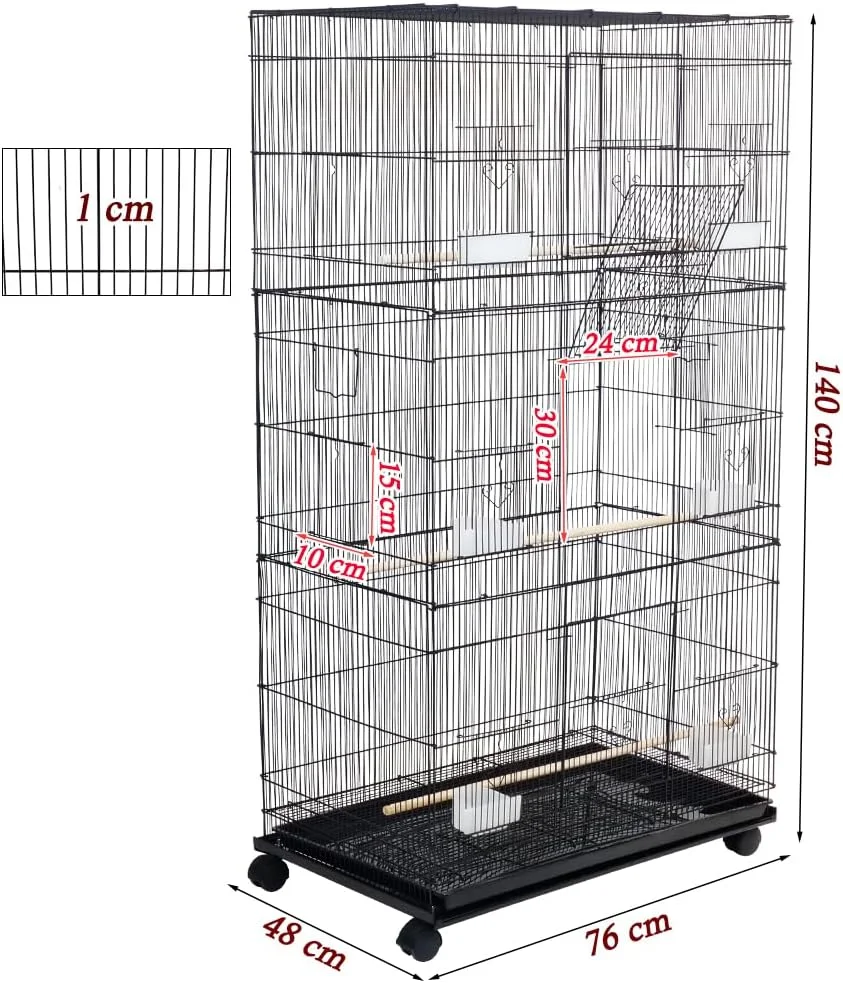قفس بزرگ پرنده با تهویه، ساختار سنگین، سینی پایه جداشدنی و درهای قفل‌شو، قفس پرنده چند طبقه 140 سانتی‌متری با چرخ، فنجان‌های غذاخوری، میله‌های نشیمن و سینی برای تمیز کردن آسان (مشکی)