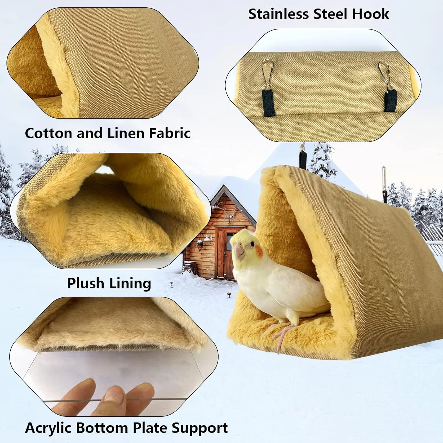 لانه گرم پرنده Vehomy، تخت خواب آویز همستر و طوطی، خانه کلبه ای نرم و کرکی برای خواب پرندگان، مخفیگاه طوطی، مناسب برای عروس هلندی، مرغ عشق، گرینچیک، خاکستری آفریقایی، همستر و راسو