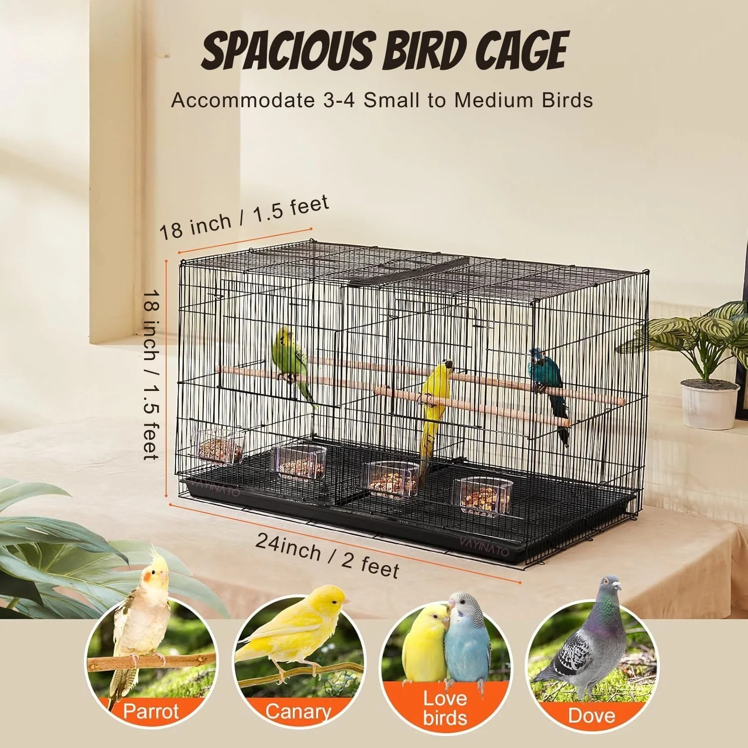 قفس پرندگان پارتیشن دار VAYINATO Petzlifeworld به طول 2 فوت، مشکی، مناسب برای همه پرندگان کوچک