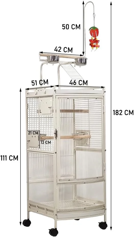 قفس پرنده شفاف با قسمت بازی در بالا، قفس پرنده با 4 چرخ برای مرغ عشق، طوطی، مرغ مینا، قناری و غیره، درب اکریلیک قفس طوطی فولاد ضد زنگ 182 سانتی متر (سفید)